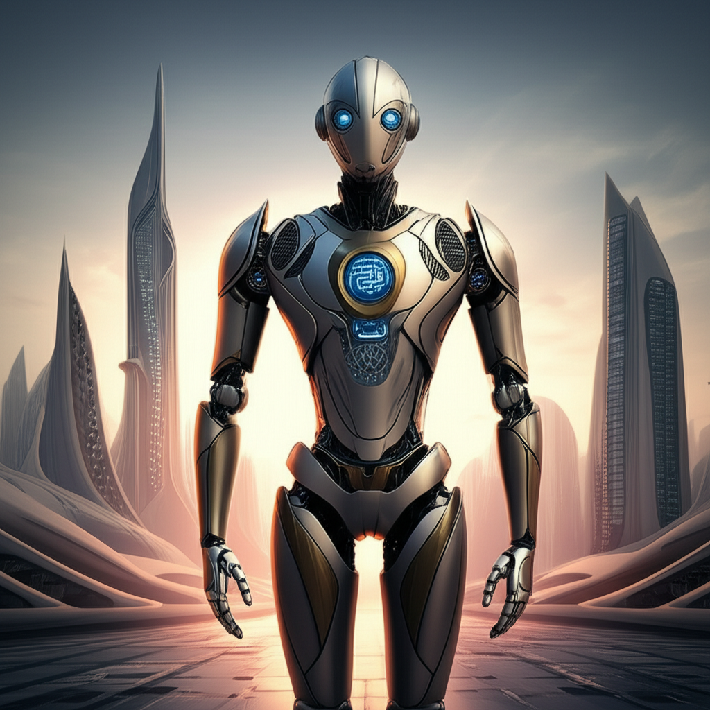 Futuristic AI robot with advanced neural networks and flight technology